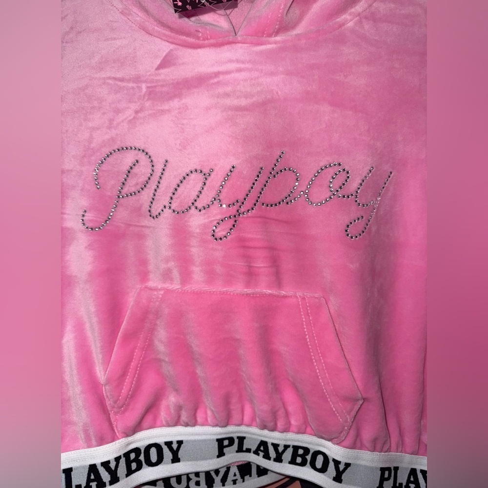 NWT Playboy Rhinestone Velour Cropped Pink Hoodie Small - Picture 3 of 6